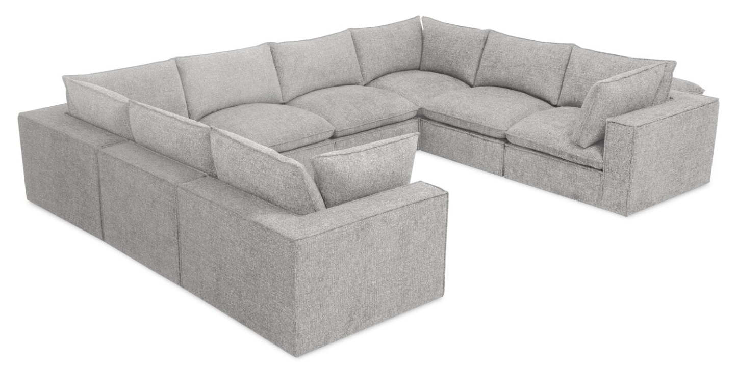 Fusion Modular 8-Piece Silver Grey Chenille Fabric Sectional with Removable Feather Down Back Cushions | Canapé sectionnel modulaire Fusion 8 pièces en tissu de chenille gris argenté avec coussins de dossier amovibles en duvet et plumes