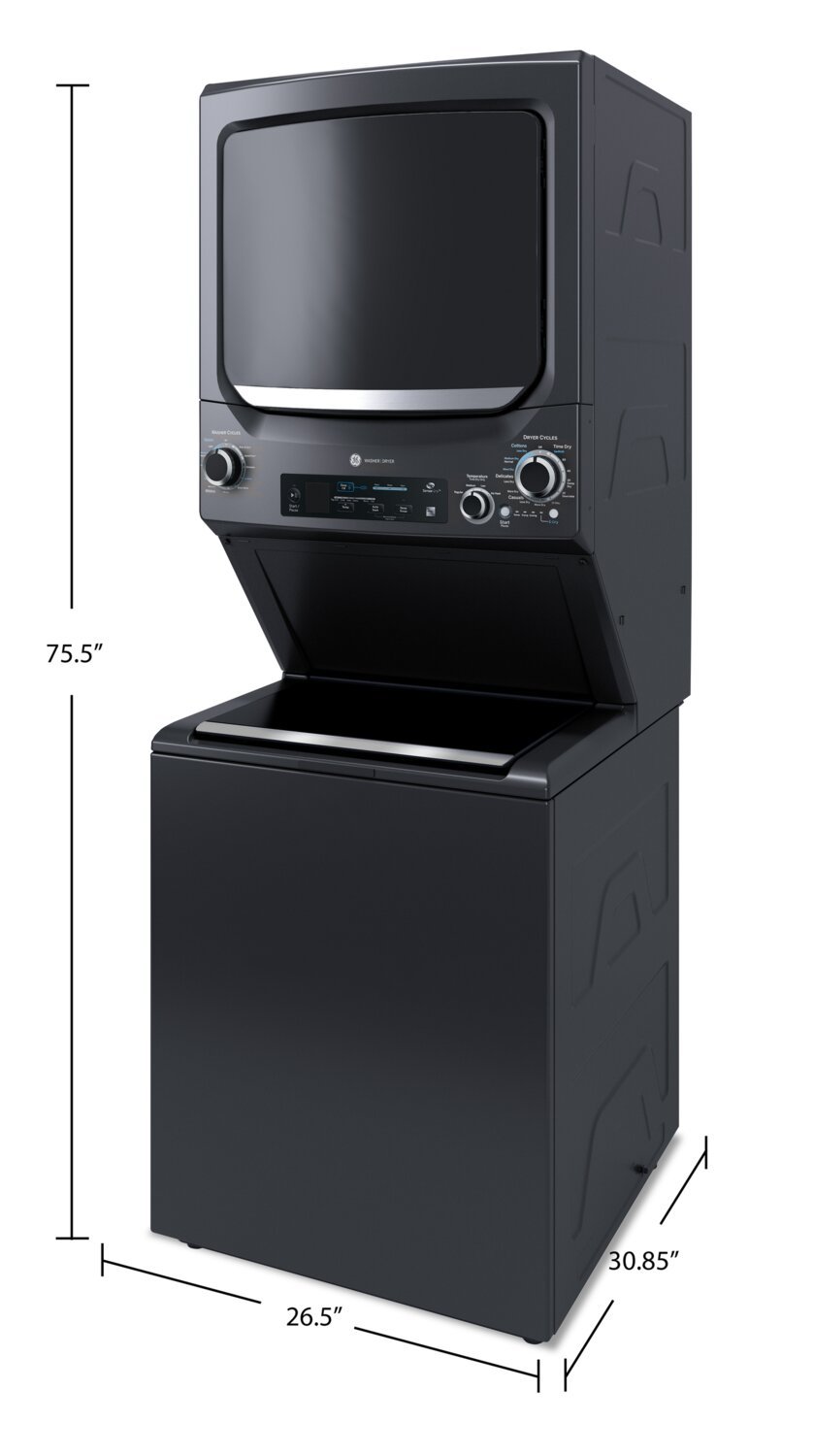GE Electric Unitized Spacemaker 4.5 Cu. Ft. Washer / 5.9 Cu. Ft. Dryer with WiFi Diamond Gray - GUD5… | Tour de lavage SpaceMakerMC électrique GE avec laveuse de 4,5 pi³, sécheuse de 5,9 pi³ et Wi-Fi - gr…