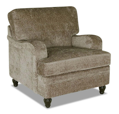 Fauteuil Bellmont de 38 po fabriqué au Canada en tissu de chenille avec pattes en bois - brun caramel