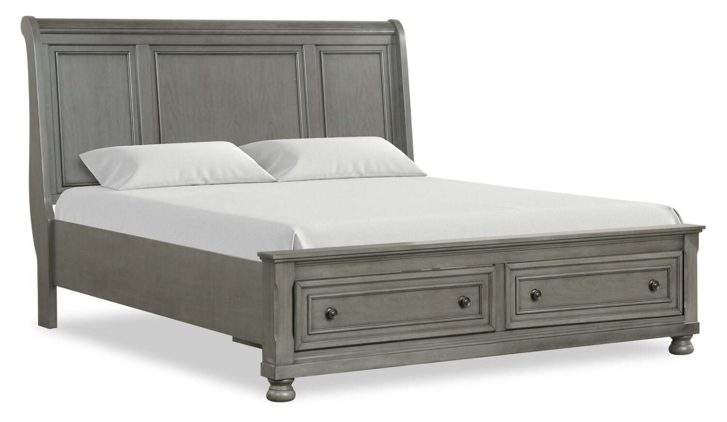 Ensemble de chambre à coucher Chelsea 6 pièces avec lit rangement, commode et miroir, gris - King Size | Ensemble de chambre à coucher Chelsea 6 pièces avec lit de rangement, commode et miroir, gris - format très grand lit
