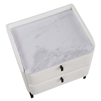 Table de chevet rembourrée à 2 tiroirs Nova avec plateau en pierre frittée, 20,25 L x 22,5 H - Blanc | Table de nuit rembourrée Nova de 20,25 po (l) x 22,5 po (H) à 2 tiroirs avec dessus en pierre frittée - blanche