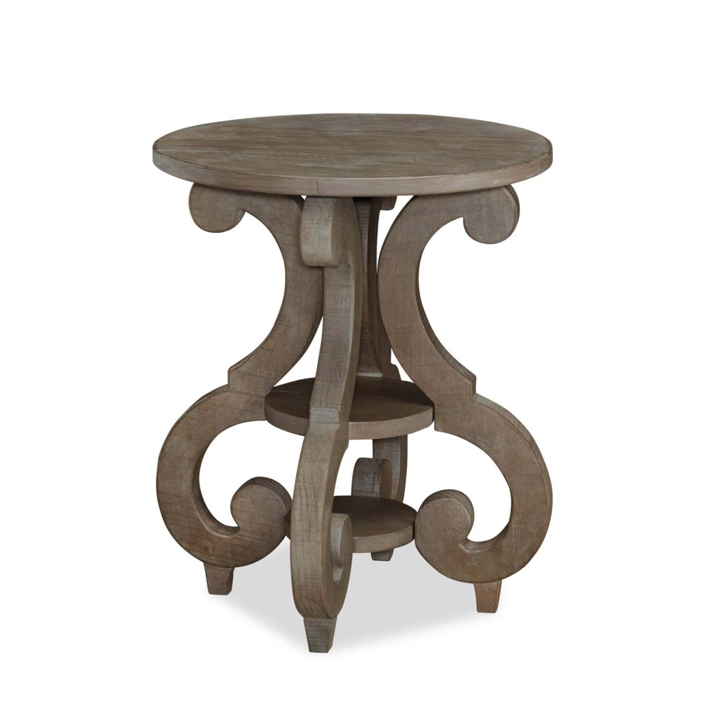 Table de bout ronde traditionnelle Tinley Park de 22 po avec tablette - pin gris-brun avec base à volutes