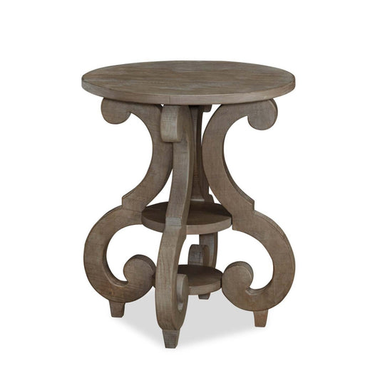 Table de bout ronde traditionnelle Tinley Park de 22 po avec tablette - pin gris-brun avec base à volutes