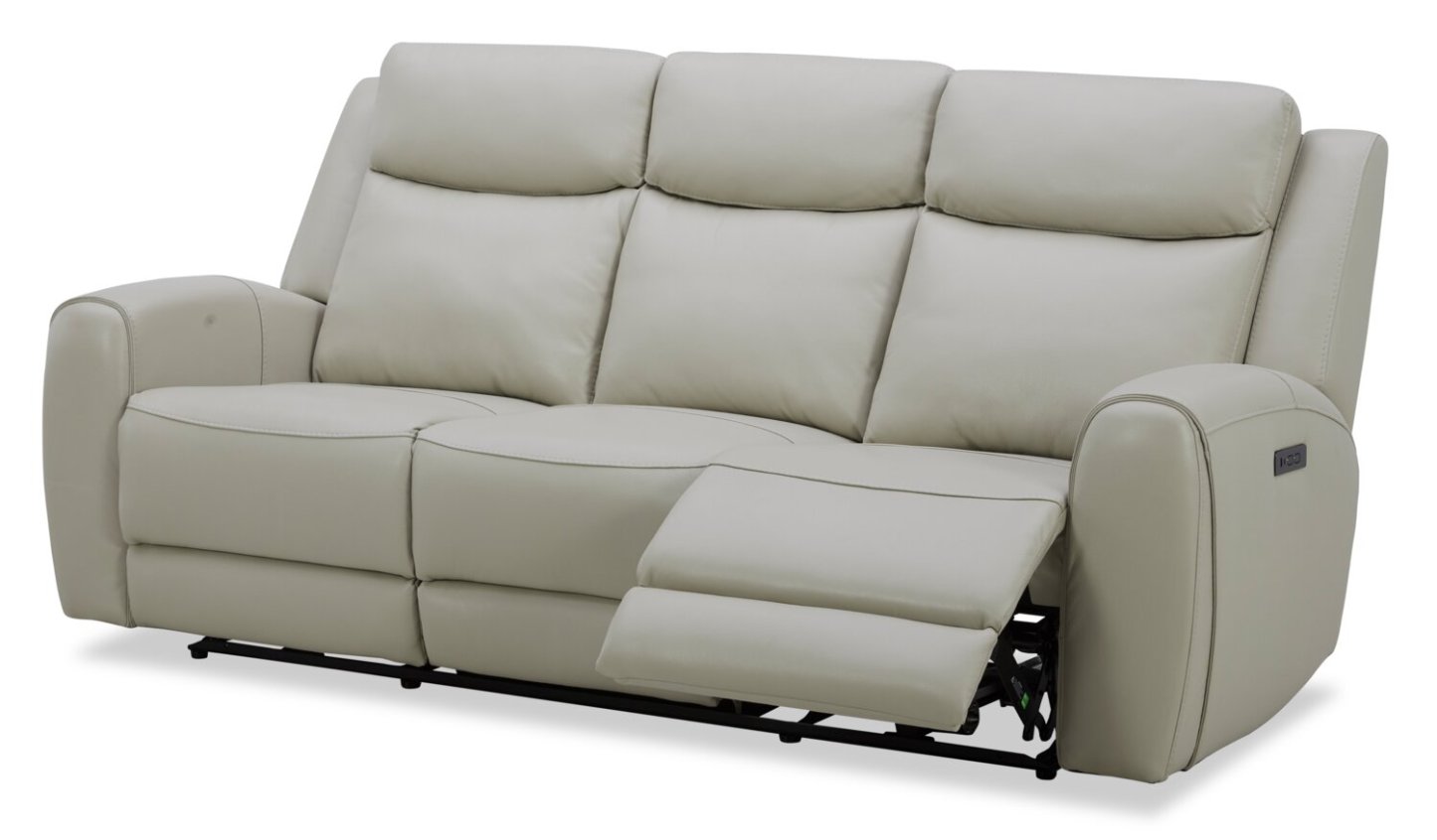 Sofa à inclinaison électrique Reign de 87 po en cuir véritable de qualité supérieure avec ports USB - taupe clair de lune Deltona