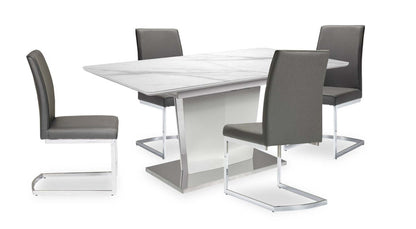 Naya 5pc Dining Package with 63-78.75W Extension Table & 4 Chairs - Faux White Marble & Grey | Ensemble de salle à manger Naya 5 pièces avec table à rallonge, 63 po à 78,75 po (L), et 4 chaises - imitation de marbre blanc et gris