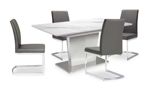 Naya 5pc Dining Package with 63-78.75W Extension Table & 4 Chairs - Faux White Marble & Grey | Ensemble de salle à manger Naya 5 pièces avec table à rallonge, 63 po à 78,75 po (L), et 4 chaises - imitation de marbre blanc et gris
