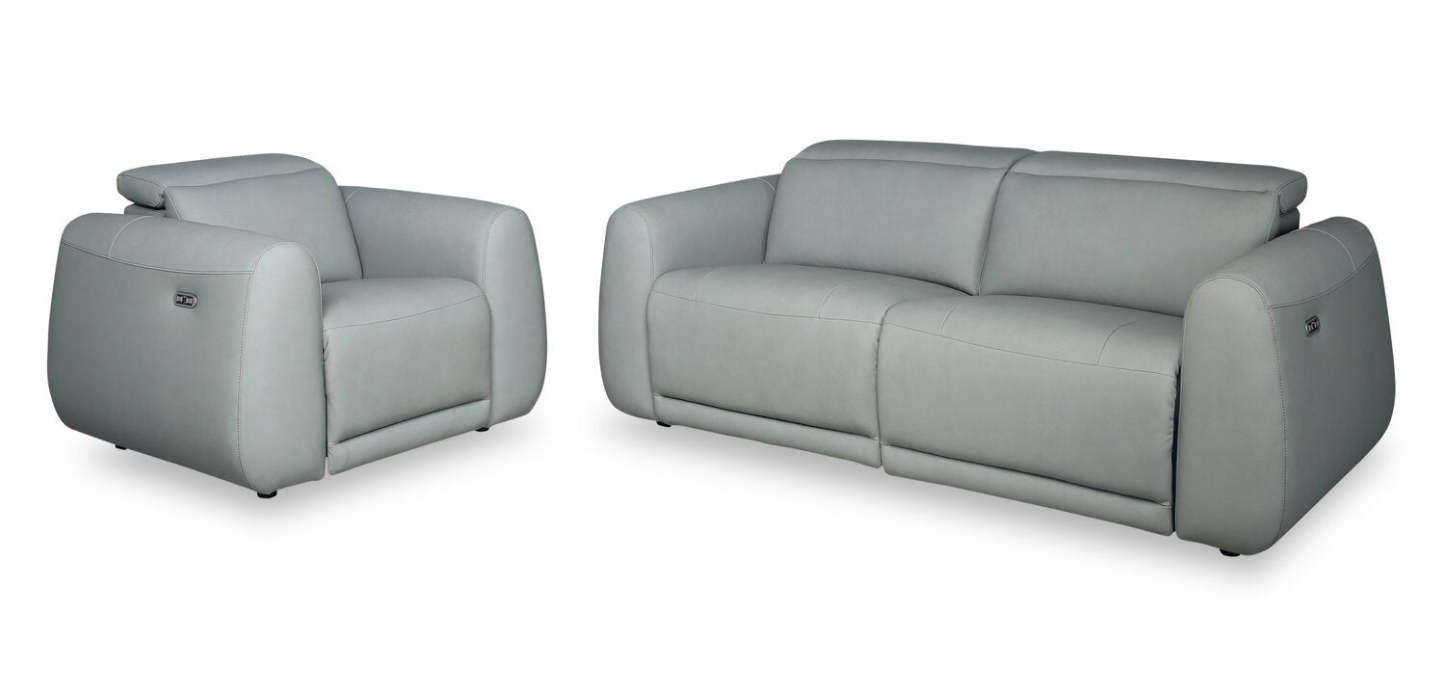Sofa à inclinaison électrique Gianna de 76 po en cuir véritable avec appuie-têtes électriques et ports USB - bleu spa