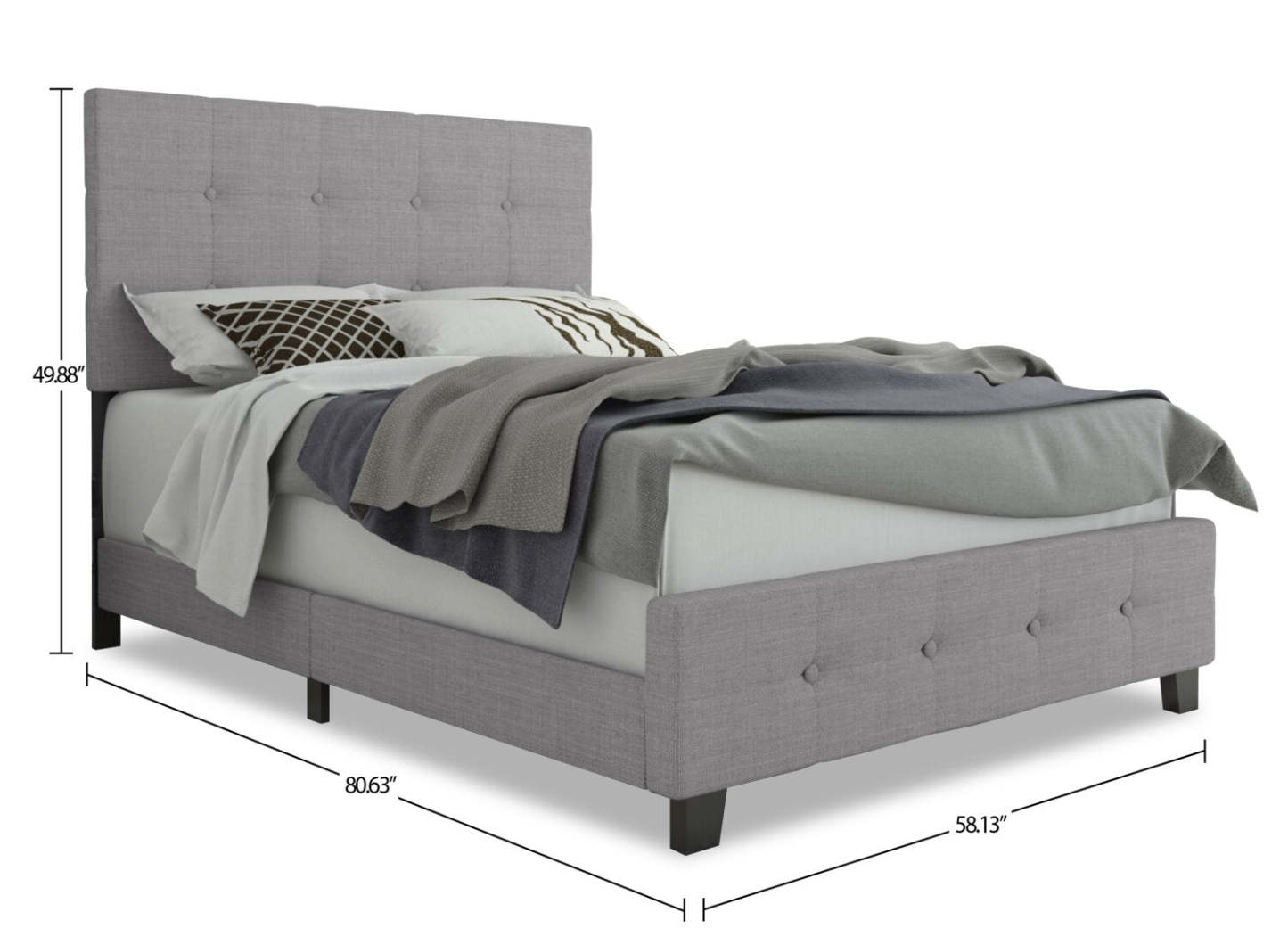 Page Lit rembourré en tissu d'apparence lin gris, capitonné avec boutons - Pleine grandeur | Lit rembourré Page en tissu d'apparence lin gris avec capitonnage à boutons - format lit double