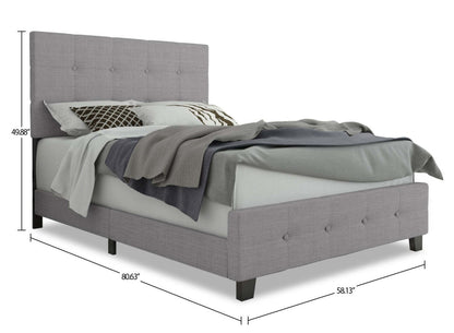 Page Lit rembourré en tissu d'apparence lin gris, capitonné avec boutons - Pleine grandeur | Lit rembourré Page en tissu d'apparence lin gris avec capitonnage à boutons - format lit double