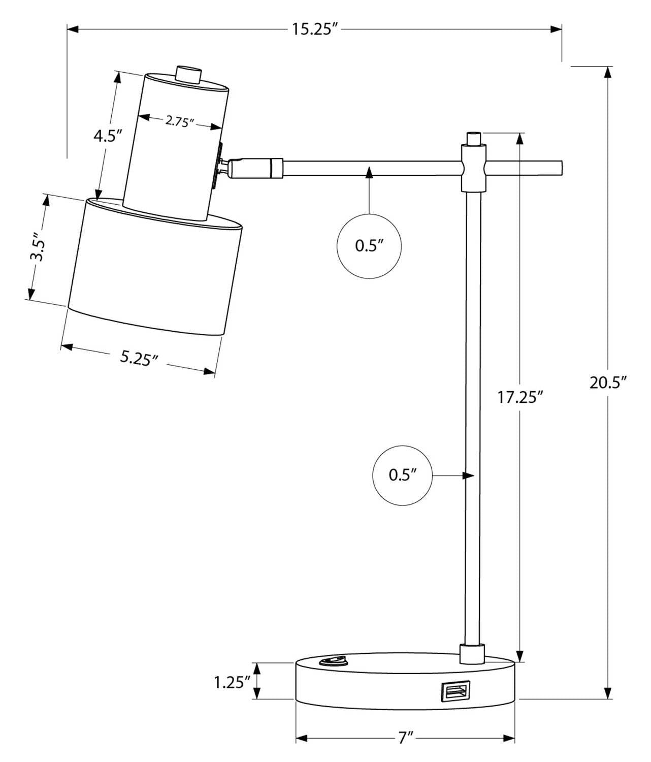 21 Lampe de bureau/tâche en métal noir avec chargement USB|Lampe de bureau et de travail en métal noir de 21 po avec recharge USB