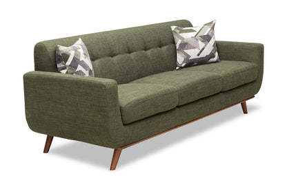 Sofa en tissu d’apparence lin Freeman 88 de Kort & Co. avec base en bois et coussins de dossier capitonnés - vert avocat