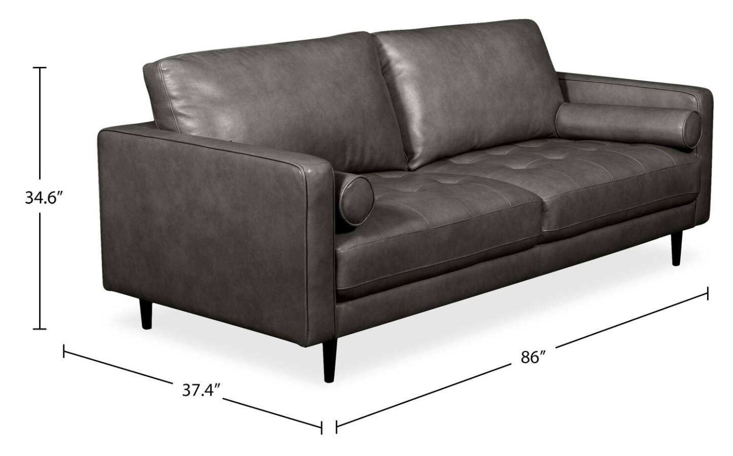 Edge 86 Canapé en cuir véritable avec pattes en bois et coussins de dossier amovibles - Gris | Canapé Edge de 86 po en cuir véritable avec pattes en bois et coussins de dossier amovibles - gris