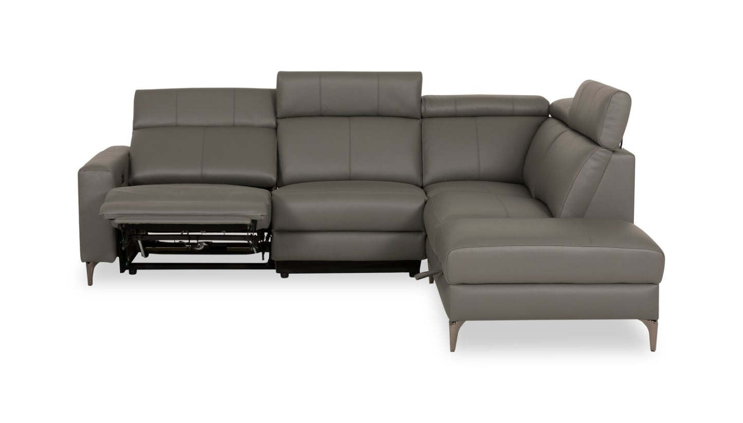 Sofa sectionnel de droite à inclinaison électrique Valentino 3 pièces en cuir véritable avec appuie-têtes réglables - gris