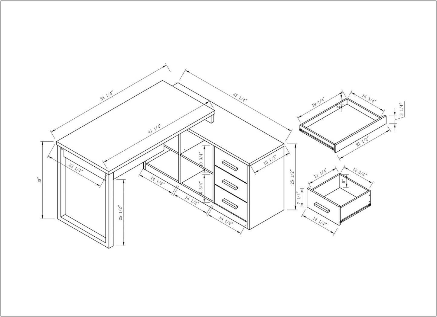 Bureau d'angle réversible Owen 55 avec 4 tiroirs et compartiments - Blanc|Bureau en coin réversible Owen de 55 po à 4 tiroirs et compartiments - blanc