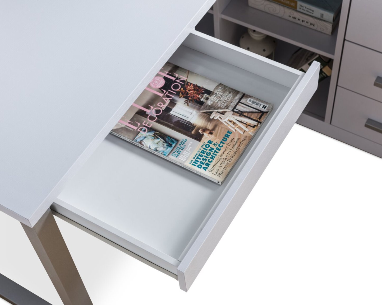 Bureau d'angle réversible Owen 55 avec 4 tiroirs et compartiments - Blanc|Bureau en coin réversible Owen de 55 po à 4 tiroirs et compartiments - blanc