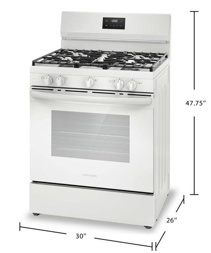 Cuisinière à gaz Frigidaire de 5,1 pi³ avec ébullition rapide et surface de cuisson à 5 brûleurs - blanche - FCRG3052BW | Frigidaire 5,1 Cu. Fort. Cuisinière à gaz avec ébullition rapide et table de cuisson à cinq brûleurs - Blanc - FCRG3052BW