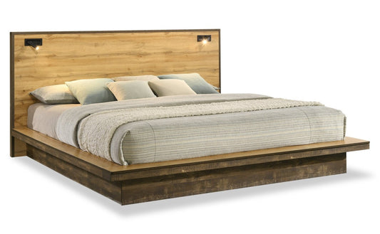 Lit plateforme Silas avec tête de lit et cadre, LED, brun rustique - très grand format | Silas Platform Bed with Headboard & Frame, LED, Rustic Brown - King Size