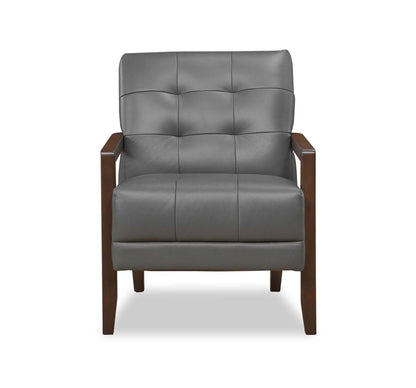 Enzo 26 Genuine Leather Accent Chair with Biscuit Tufting, Track Arms and Wood Legs - Dark Grey | Fauteuil d’appoint Enzo de 26 po en cuir véritable avec capitonnage en biscuit, accoudoirs rectilignes et pattes en bois - gris foncé