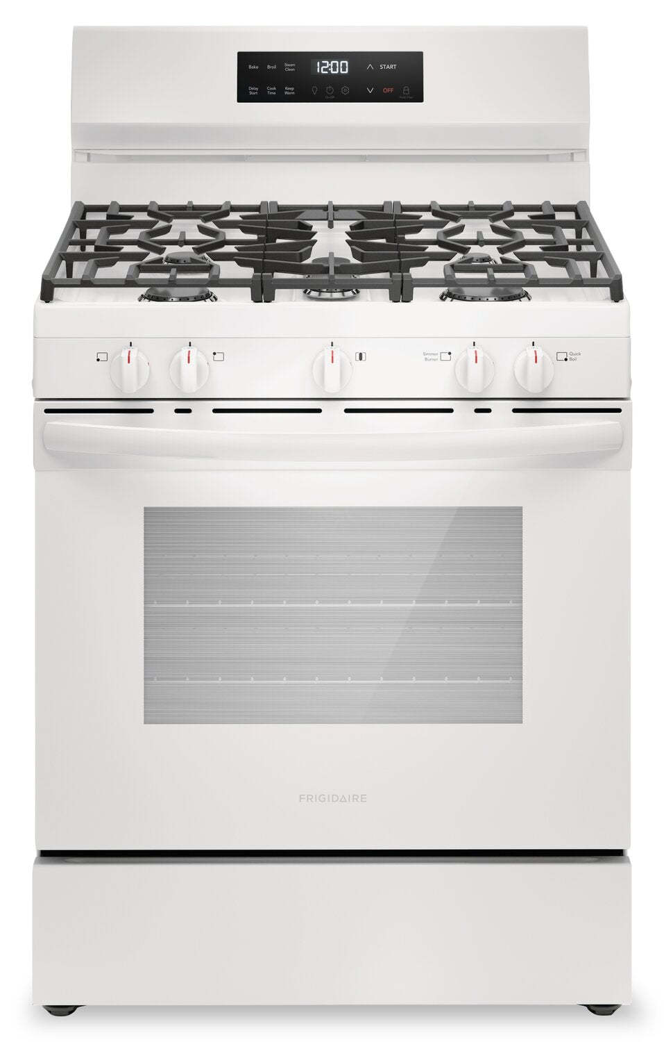 Cuisinière à gaz Frigidaire de 5,1 pi³ avec préchauffage rapide et surface de cuisson à 5 brûleurs - Blanc - FCRG3062AW | Frigidaire 5.1 Cu. Ft. Gas Range With Quick Preheat and Five Burner Cooktop -…