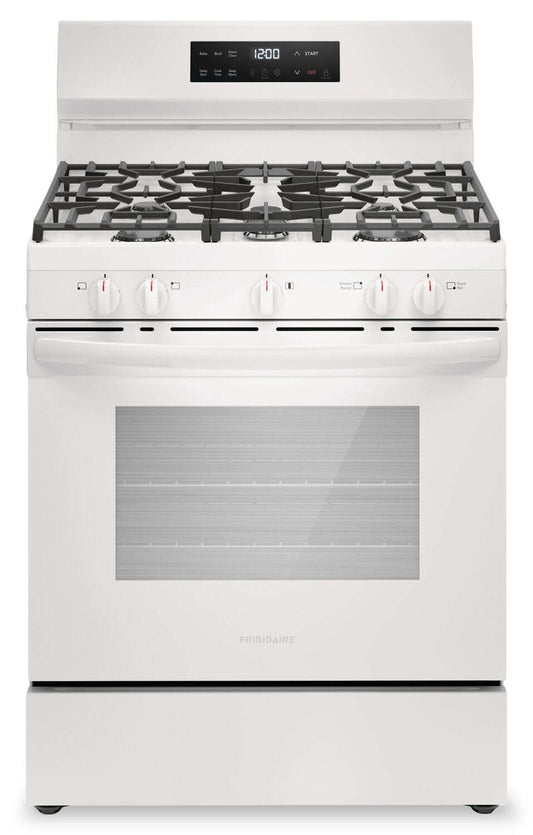 Cuisinière à gaz Frigidaire de 5,1 pi³ avec préchauffage rapide et surface de cuisson à 5 brûleurs - Blanc - FCRG3062AW | Frigidaire 5.1 Cu. Ft. Gas Range With Quick Preheat and Five Burner Cooktop -…