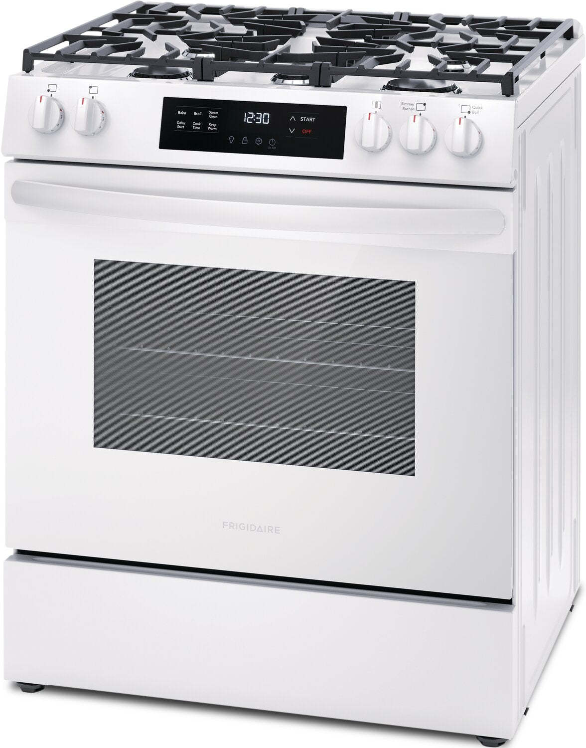 Cuisinière à gaz Frigidaire de 5,1 pi³ avec préchauffage rapide et surface de cuisson à 5 brûleurs - Blanc - FCFG3062AW | Frigidaire 5.1 Cu. Ft. Gas Range With Quick Preheat and Five Burner Cooktop -…