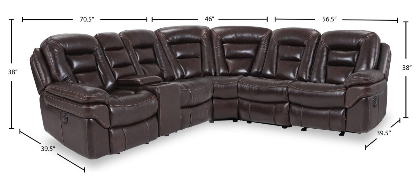 Sofa sectionnel à inclinaison électrique Leo 6 pièces en cuir véritable avec console de rangement et 2 porte-gobelets - brun noyer