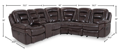Sofa sectionnel à inclinaison électrique Leo 6 pièces en cuir véritable avec console de rangement et 2 porte-gobelets - brun noyer