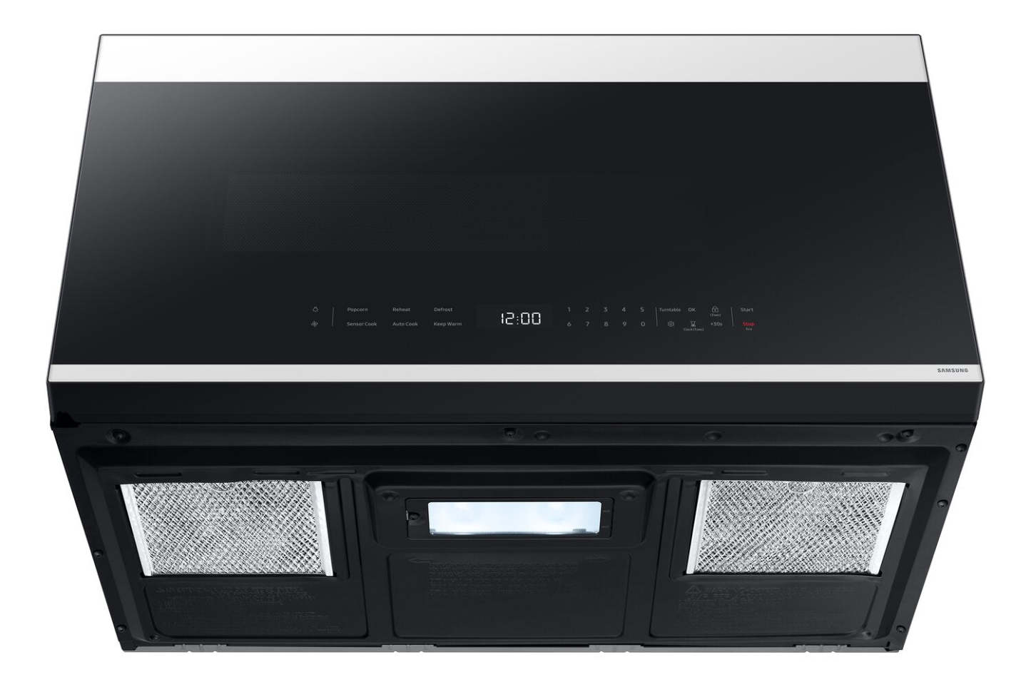 Samsung 2,1 Cu. Fort. Micro-ondes à hotte intégrée avec 400 CFM et commande tactile en verre - Verre blanc - ME… | Quatre à micro-ondes à hotte intégrée Samsung de 2,1 pi³ avec 400 pi³/min et commandes tactiles en ver…