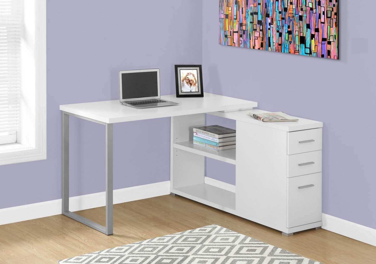Bureau réglable en forme de L Milo 47,25 avec 3 tiroirs et étagères ouvertes - Blanc|Bureau réglable en forme de L Milo de 47,25 po à 3 tiroirs avec tablettes ouvertes - blanc