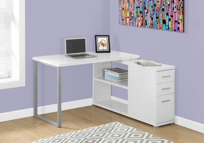 Bureau réglable en forme de L Milo 47,25 avec 3 tiroirs et étagères ouvertes - Blanc|Bureau réglable en forme de L Milo de 47,25 po à 3 tiroirs avec tablettes ouvertes - blanc