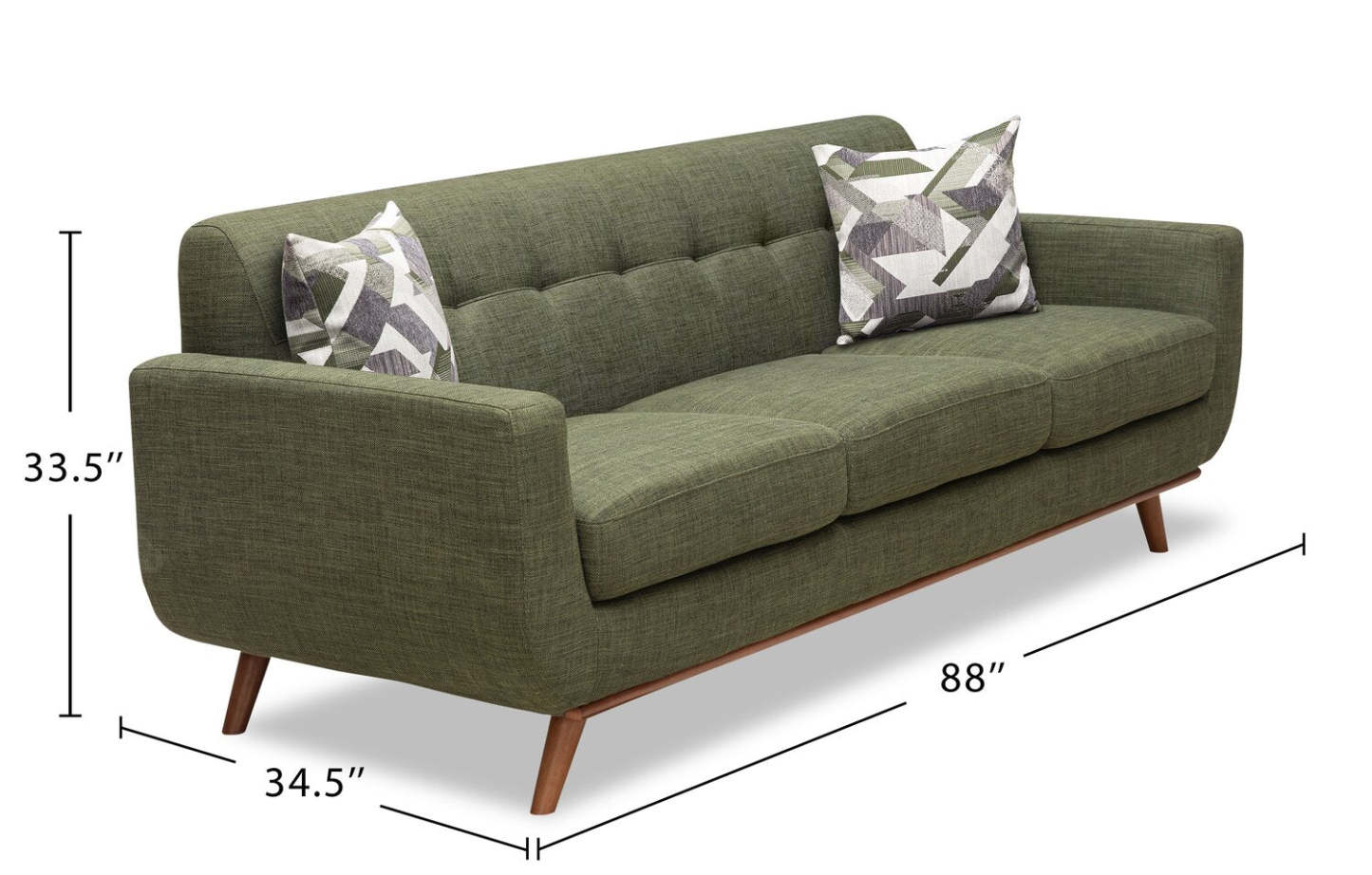 Sofa en tissu d’apparence lin Freeman 88 de Kort & Co. avec base en bois et coussins de dossier capitonnés - vert avocat