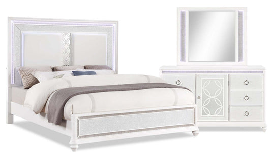 Ensemble de chambre à coucher Ava 5 pièces avec lit, commode et miroir, LED, Glam, blanc - Queen Size | Ensemble de chambre à coucher Ava 5 pièces somptueux avec lit, commode, miroir et éclairage à DEL, b…