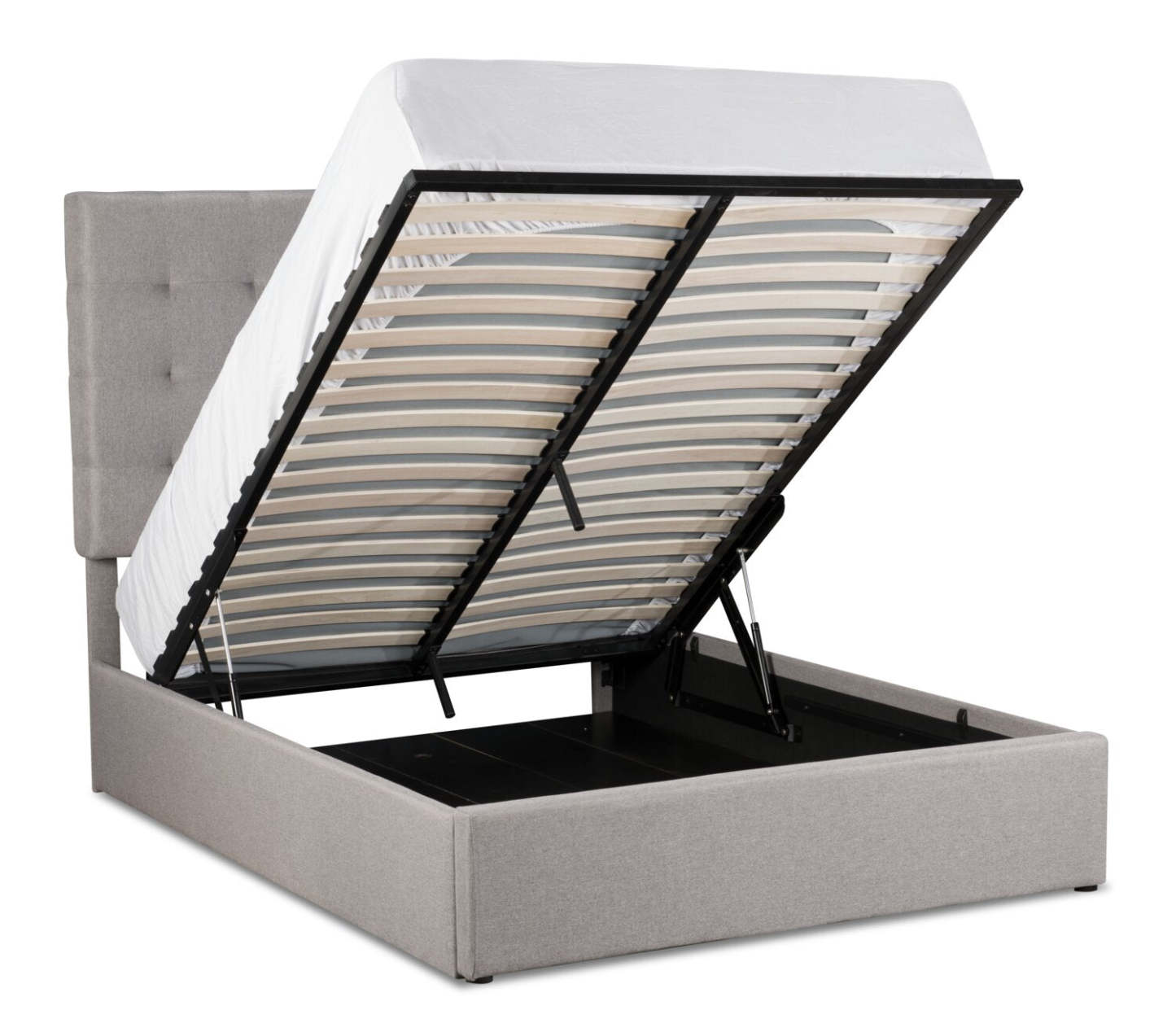 Lit plateforme de rangement rembourré Jace en tissu taupe, capitonné - Pleine grandeur | Lit plateforme rembourré Jace en tissu taupe capitonné avec rangement - format lit double