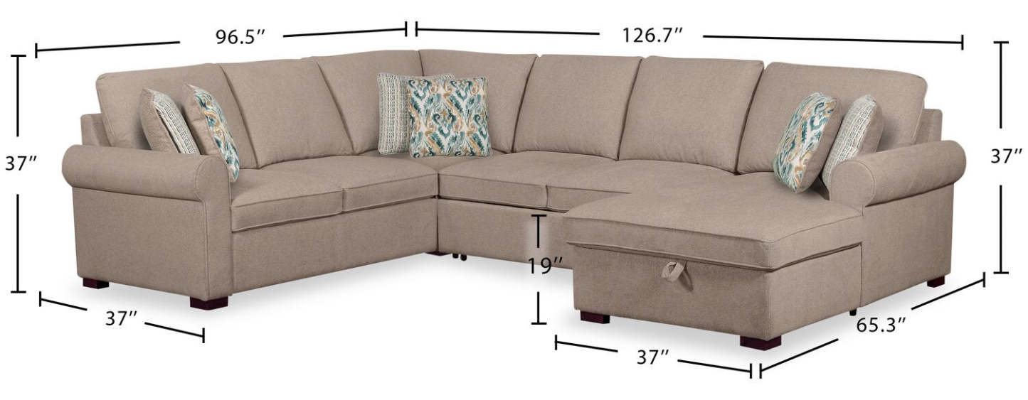 Scott Living Canapé-lit sectionnel Haven 4 pièces orienté vers la droite en tissu chenille avec méridienne de rangement - Taupe | Canapé-lit sectionnel droit Haven de Scott Living 4 pièces en tissu de chenille avec méridienne de rangement - taupe