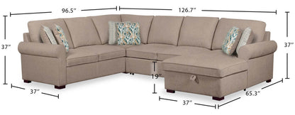 Scott Living Canapé-lit sectionnel Haven 4 pièces orienté vers la droite en tissu chenille avec méridienne de rangement - Taupe | Canapé-lit sectionnel droit Haven de Scott Living 4 pièces en tissu de chenille avec méridienne de rangement - taupe