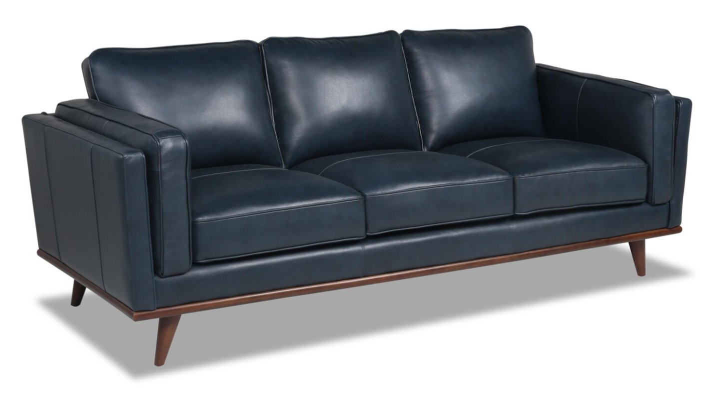 Vivia 86 canapé en cuir véritable avec coussins de siège amovibles et base en bois - bleu marine | Sofa Vivia de 86 po en cuir véritable avec coussins de siège amovibles et pattes en bois - bleu marine