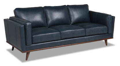 Vivia 86 canapé en cuir véritable avec coussins de siège amovibles et base en bois - bleu marine | Sofa Vivia de 86 po en cuir véritable avec coussins de siège amovibles et pattes en bois - bleu marine