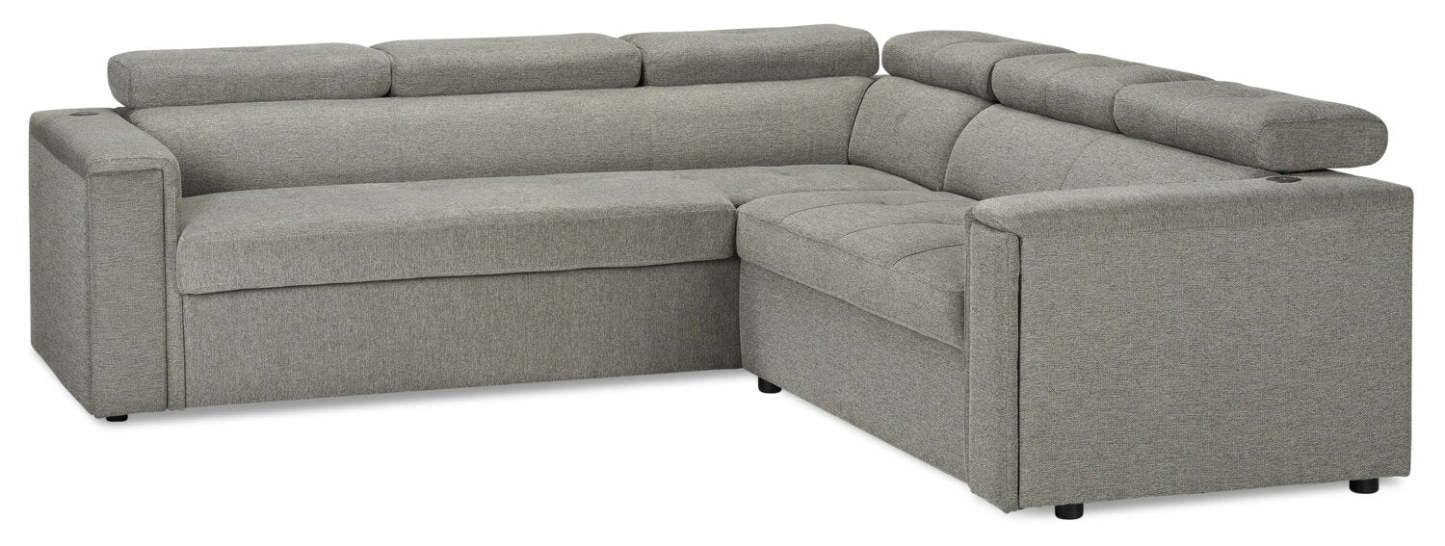 Savvy 2-Piece Left-Facing Linen-Look Fabric Sectional with Adjustable Headrests, Cupholders and USB Port - Grey | Sofa sectionnel de gauche Savvy 2 pièces en tissu d’apparence lin avec appuie-têtes réglables, porte-gobelets et port USB - gris