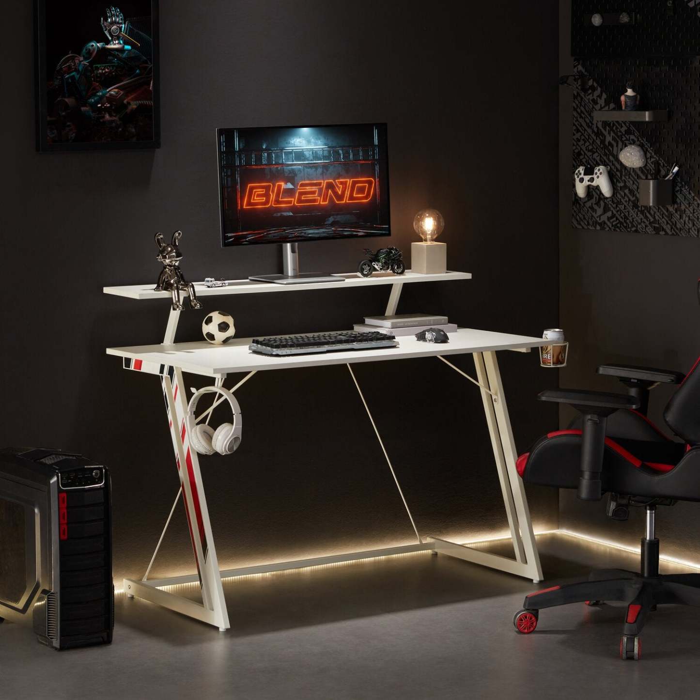 Sparta 48 Gaming Office Desk with Raised Monitor Shelf - White with Black &amp; Red Accents|Bureau de jeu Sparta de 48 po avec tablette surélevée pour moniteur - blanc avec touches de noir et de rouge