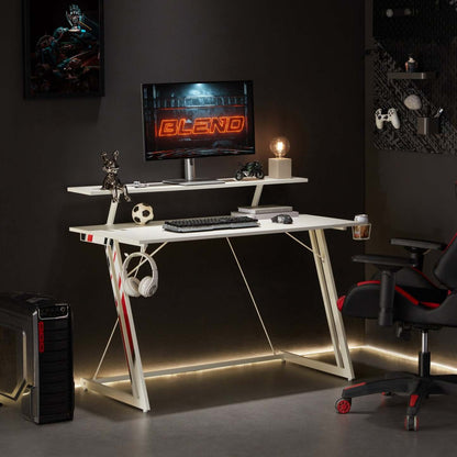 Sparta 48 Gaming Office Desk with Raised Monitor Shelf - White with Black &amp; Red Accents|Bureau de jeu Sparta de 48 po avec tablette surélevée pour moniteur - blanc avec touches de noir et de rouge