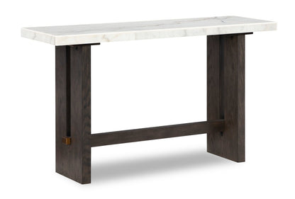 Table de canapé Warwick 52" en bois massif et marbre – Chêne blanc et brun | Table de salon Warwick de 52 po en bois massif et en marbre - blanche et chêne brun