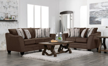 Fabriqué au Canada, canapé-lit double Febe de 85 po en tissu de chenille de taille condo avec accoudoirs évasés et coussins décoratifs - brun