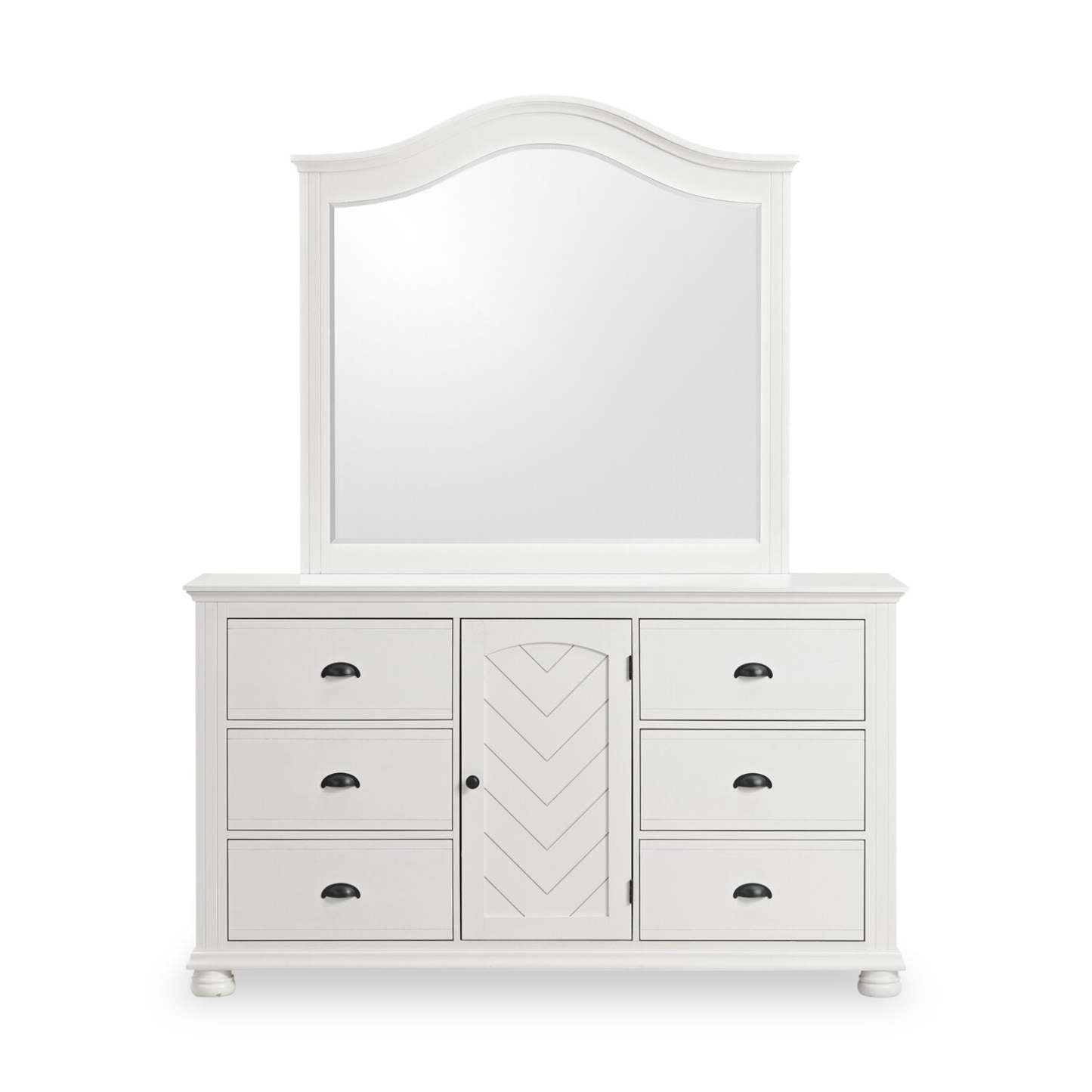 Ella 6 pièces Ensemble de chambre à coucher avec lit à panneaux, commode, miroir et table de nuit, blanc - Taille King | Ensemble de chambre à coucher Ella 6 pièces blanc avec lit à panneaux, commode, miroir et table de nuit - format très grand lit
