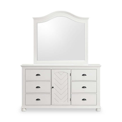 Ella 6 pièces Ensemble de chambre à coucher avec lit à panneaux, commode, miroir et table de nuit, blanc - Taille King | Ensemble de chambre à coucher Ella 6 pièces blanc avec lit à panneaux, commode, miroir et table de nuit - format très grand lit