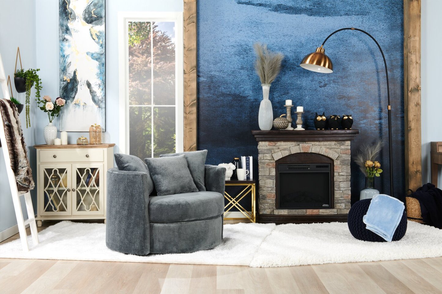 Fauteuil d’appoint pivotant Cuddler Midi de 42 po fabriqué au Canada en tissu de chenille - gris Plush Thunder