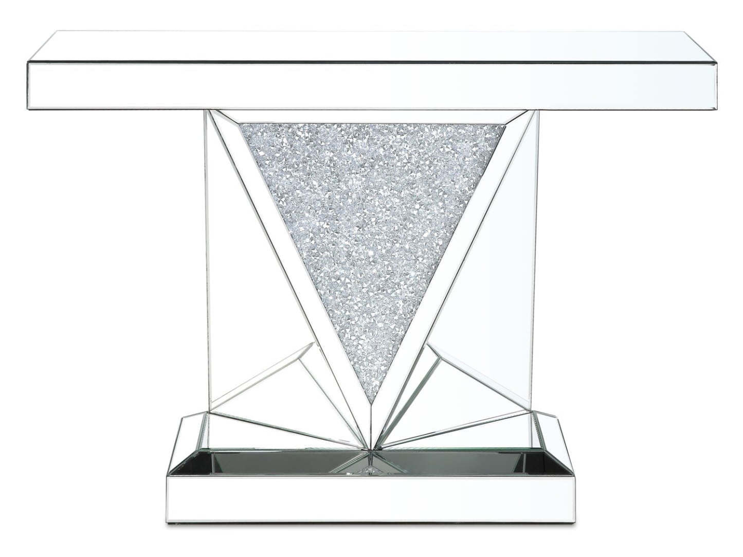 Rosie 47.5 Glam Mirror &amp; Glass Top Sofa Table - Silver Metal with Diamond Look Legs|Table de salon somptueuse Rosie de 47,5 po avec dessus en miroir et en verre - métal argenté avec pattes à apparence de diamant