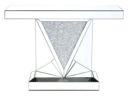 Rosie 47.5 Glam Mirror &amp; Glass Top Sofa Table - Silver Metal with Diamond Look Legs|Table de salon somptueuse Rosie de 47,5 po avec dessus en miroir et en verre - métal argenté avec pattes à apparence de diamant