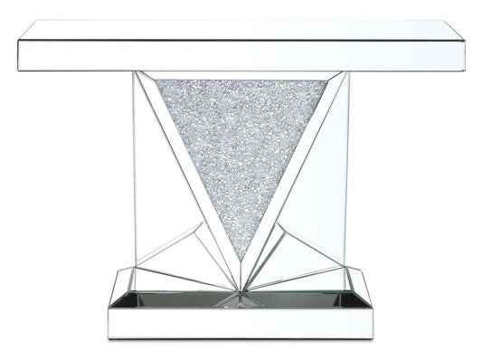Rosie 47.5 Glam Mirror &amp; Glass Top Sofa Table - Silver Metal with Diamond Look Legs|Table de salon somptueuse Rosie de 47,5 po avec dessus en miroir et en verre - métal argenté avec pattes à apparence de diamant