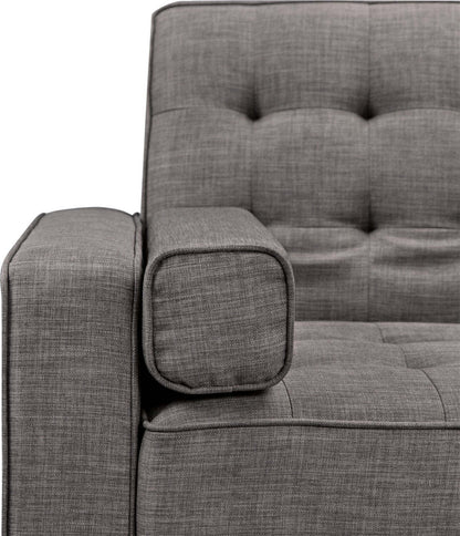 Futon Klik Klak Avery 81,5 en tissu d'apparence lin avec capitonnage et deux oreillers d'accoudoir - Gris | Futon Avery de 81,5 po en tissu d'apparence lin avec mécanisme Klik Klak, capitonnage et deux accoudoirs coussinés - gris