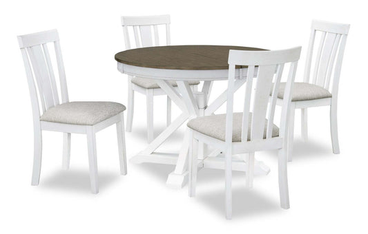 Ensemble de salle à manger Brook 5 pièces avec table et 4 chaises, extension 42-54 W, rond - Blanc/Marron | Ensemble de salle à manger Brook 5 pièces avec table ronde, rallonge de 42 po à 54 po (L) et 4 chaises - blanc et brun